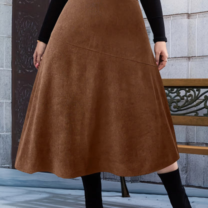 vlovelaw Plus Size Elegant Skirt, Women's Plus Solid Corduroy High Rise Midi A-line All-match Skirt