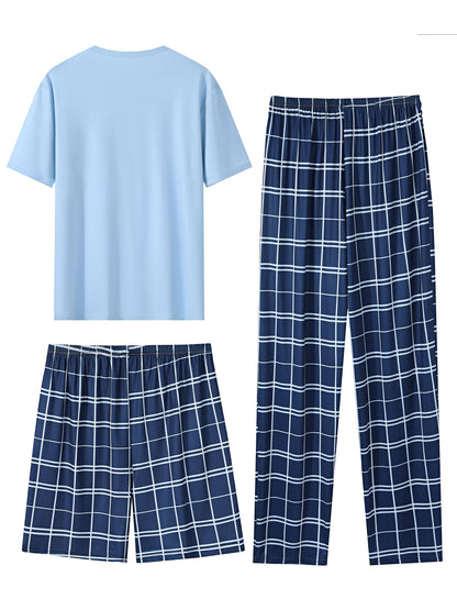 3-Piece Men's Comfort Loungewear Set - Trendy Short Sleeve Crew Neck T-Shirt, Plaid Stretchy Shorts & Pants - Relaxed Elastic Waistband - Casual Home Wear