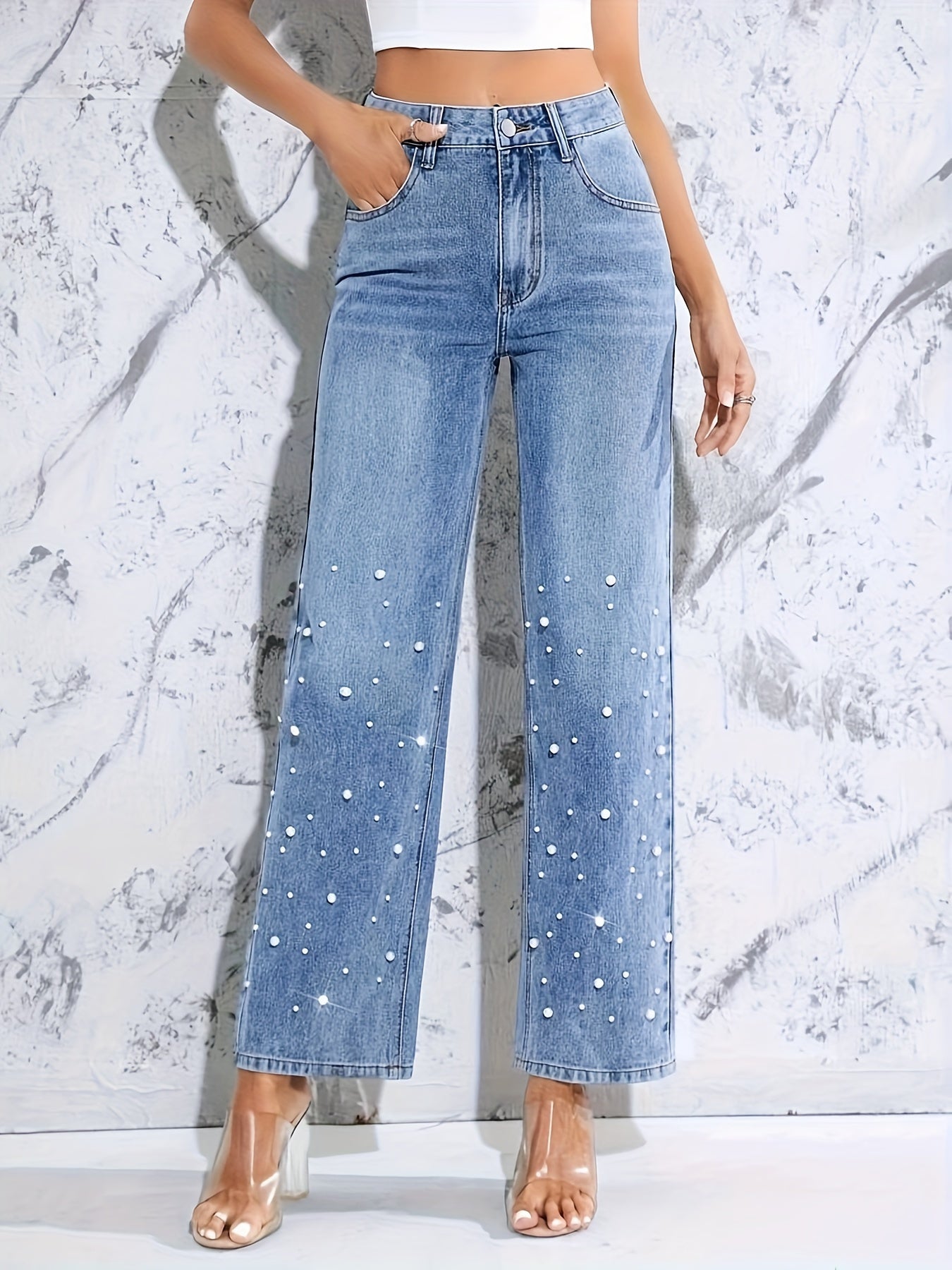 vlovelaw Faux Pearl Decor Fashion Straight Jeans, High Waist Slash Pocket Versatile Washed Denim Pants, Women's Denim Jeans & Clothing