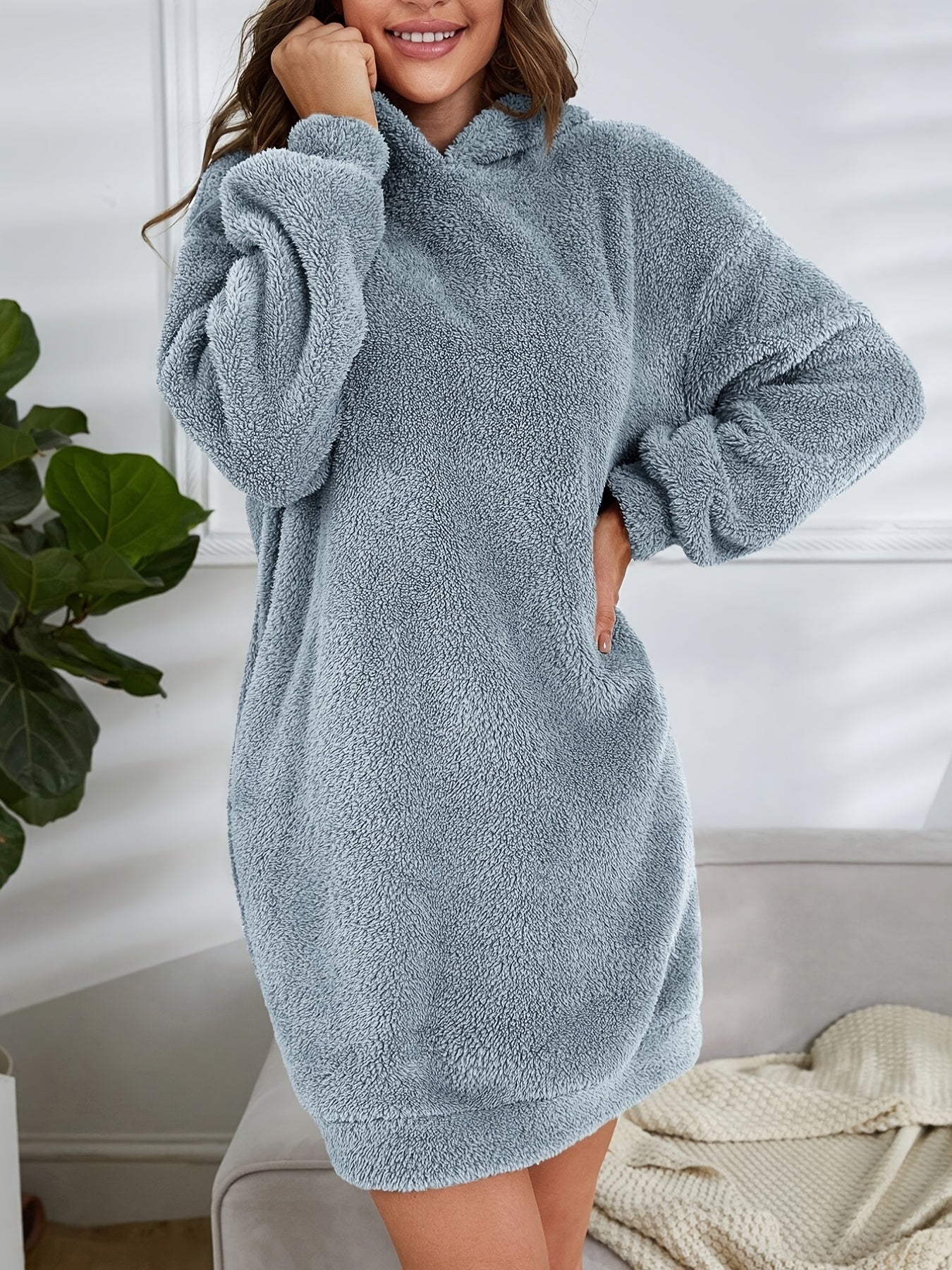 vlovelaw Hooded Teddy Dress, Casual Long Sleeve Simple Warm Dress, Women's Clothing