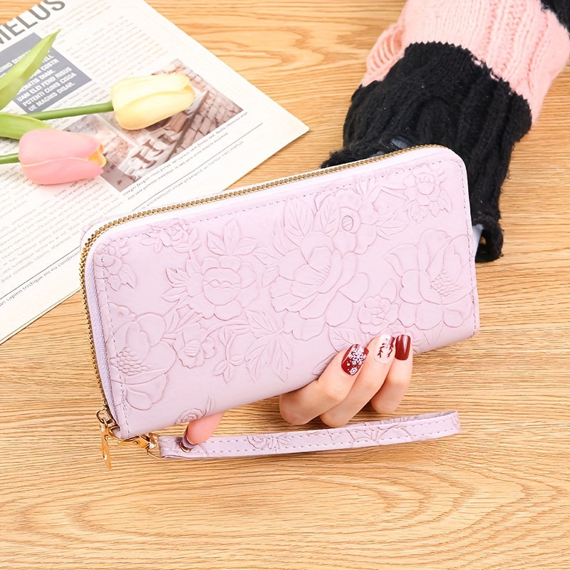 Fashionable Floral Embossed Womens Long Wallet - Durable PU Leather with Multiple Card Slots, Phone Wristlet & Coin Purse - Perfect for Stylish On-the-Go Fashionistas