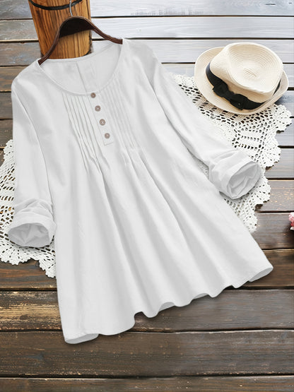 Plus Size Button Decoration Round Neck Oversized Blouse, Women's Plus Ruched Front Women Tops