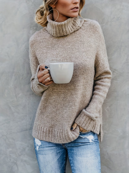 Solid Turtle Neck Pullover Sweater, Casual Long Sleeve Split Sweater For Fall & Winter, Women's Clothing