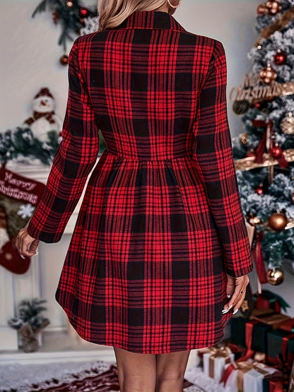 Plaid Pattern Button Front Dress, Casual Long Sleeve Lapel Dress, Women's Clothing