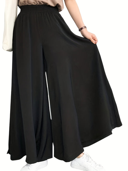 Plus Size Casual Pants, Women's Plus Solid Elastic High Rise Medium Stretch Loose Wide Leg Trousers