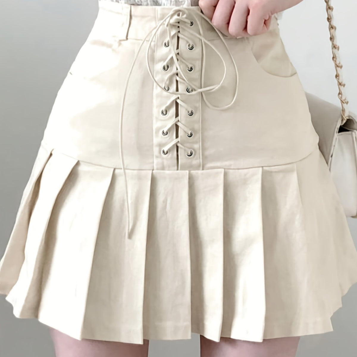 vlovelaw  Lace Up Pleated Skirt, Casual Mini Skirt For Spring & Summer, Women's Clothing