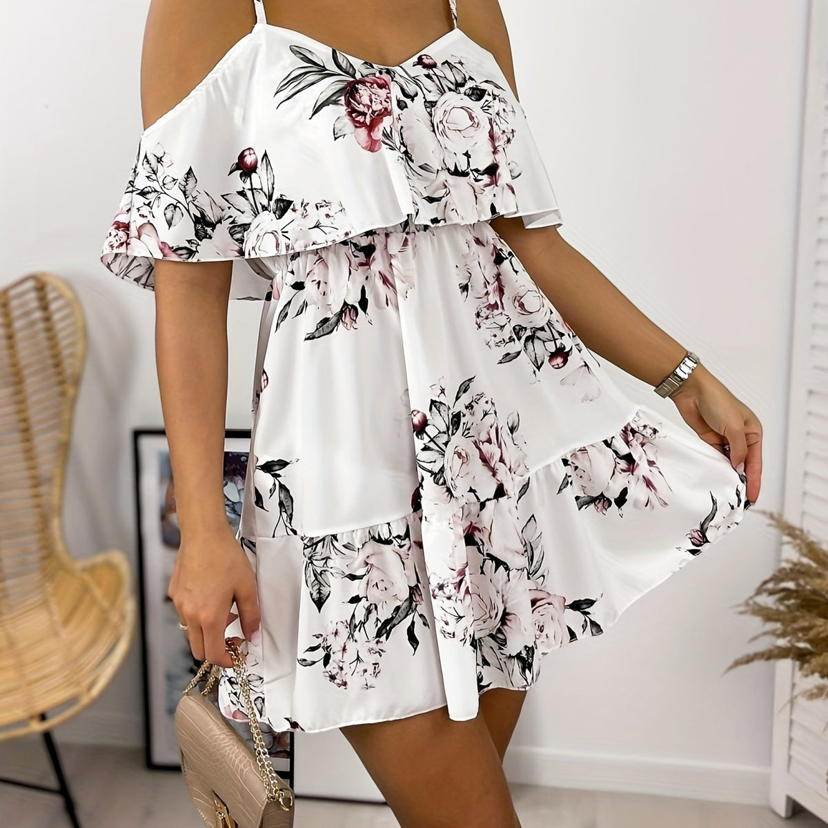 vlovelaw  Floral Print Cami Dress, Elegant Ruffle Trim V Neck Off Shoulder Dress, Women's Clothing