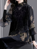 vlovelaw  Floral Print Layered Splicing Velvet Tunics, Vintage Asymmetrical Hem Top For Spring & Fall, Women's Clothing