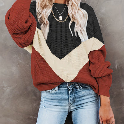 Color Block Crew Neck Pullover Sweater, Casual Long Sleeve Sweater For Fall & Winter, Women's Clothing