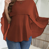 vlovelaw  Plus Size Elegant Blouse, Women's Plus Solid Layered Mesh Batwing Sleeve Round Neck Shirt Top