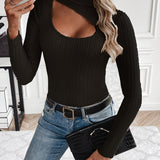 vlovelaw Cutout Ribbed Turtleneck T-Shirt, Casual Long Sleeve Top For Spring & Fall, Women's Clothing