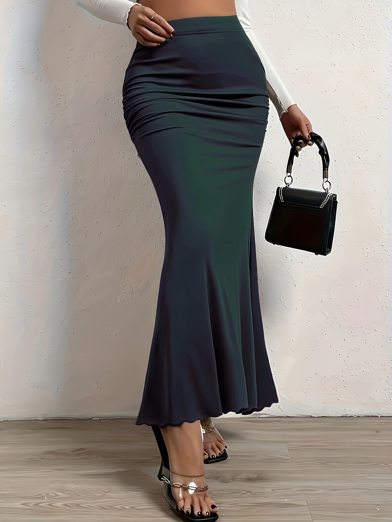 Plus Size Sexy Skirt, Women's Plus Solid Side Ruched Elastic High Rise Medium Stretch Maxi Mermaid Skirt