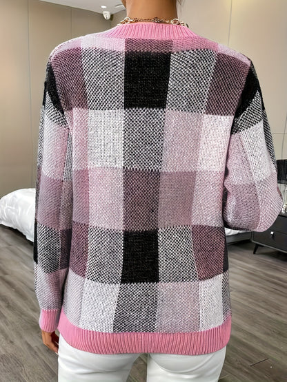 vlovelaw Plaid Crew Neck Pullover Sweater, Elegant Long Sleeve Fall Winter Sweater, Women's Clothing