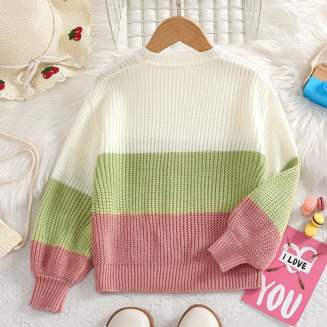 Adorable Girls' Drop Shoulder Knit Sweater Tops - Soft, Cozy, and Stylish Contrast Color Design for Autumn and Winter Seasons - Perfect for Casual Daily Wear