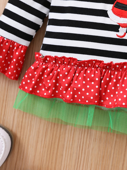 Kids Christmas Set Baby Girls Striped Santa Claus Embroidery Flare Sleeve Top Polka Dot Bow Flared Pants Outdoor Set