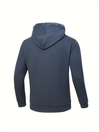 Men's Plus Size Waffle Knit Hooded Fleece Jacket, Casual Long Sleeve Zipper Hoodie With Inner Pockets