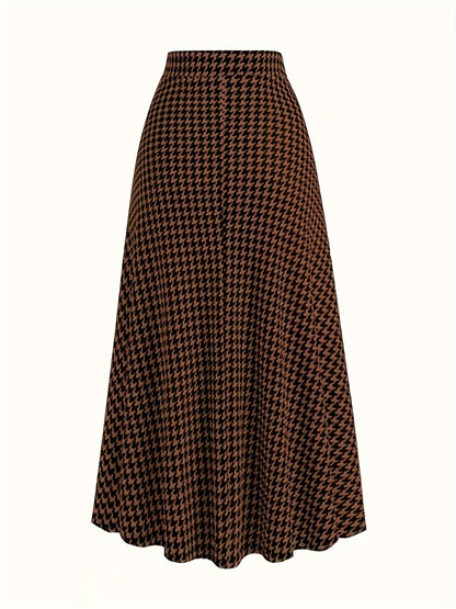 vlovelaw  Houndstooth Print High Waist Skirt, Elegant A-line Maxi Dress, Women's Clothing