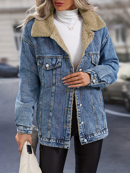 vlovelaw  Fleece Lined Single-breasted Long Sleeve Denim Jacket Lapel Slash Pocket Comfy Warm Winter Denim Coat, Women's Denim Jeans & Clothing