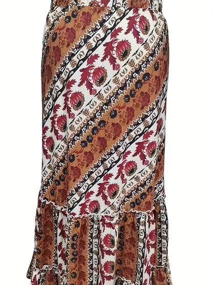 Plus Size Retro Skirt, Women's Plus Tribal Print Ruffle Trim Pleated Smock Maxi Skirt