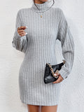 vlovelaw  Solid Color Long Sleeve Ribbed Dress, Casual Turtle Neck Dress For Spring & Fall, Women's Clothing