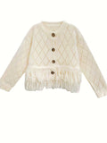 Solid Button Down Knit Cardigan, Elegant Tassel Trim Long Sleeve Crop Sweater, Women's Clothing