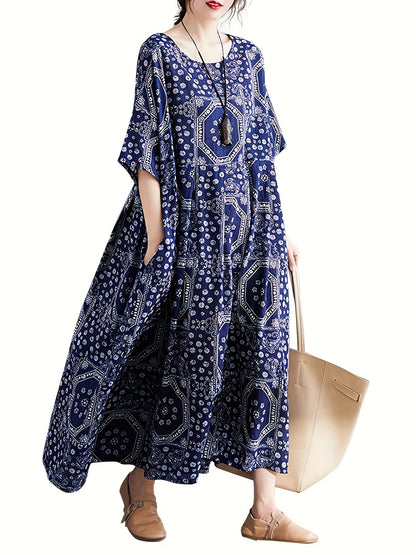 Plus Size Boho Dress, Women's Plus Paisley Print Short Sleeve Round Neck Loose Maxi Dress