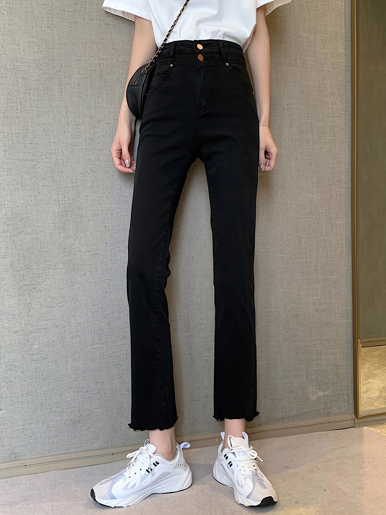 vlovelaw  Black Raw Trim Cropped Jeans, High Waist Fashion Stretchy Casual Denim Pants, Women's Denim Jeans & Clothing