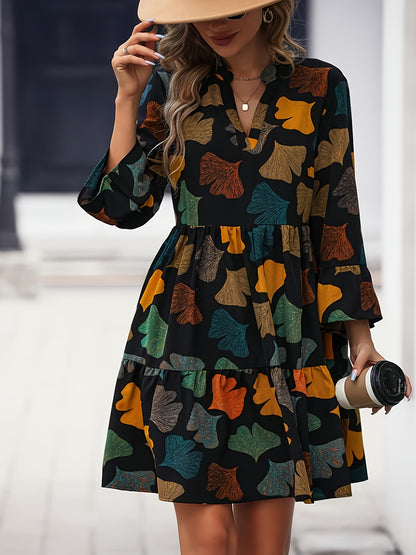 vlovelaw  Colorful Leaf Print V Neck Dress, Casual Cinched Waist Long Sleeve Tiered Dress, Women's Clothing