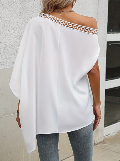 vlovelaw  Lace Trim Slanted Shoulder Blouse, Sexy Solid Batwing Sleeve Draped Blouse, Women's Clothing