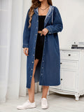 vlovelaw  Long Sleeves Hooded Denim Jacket, Single Breasted Button Drawstring Long Denim Coat, Women's Denim Clothing