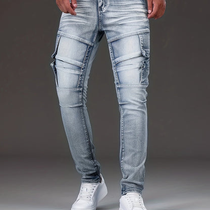 vlovelawSlim Fit Biker Jeans, Men's Casual Street Style Distressed Medium Stretch Denim Pants