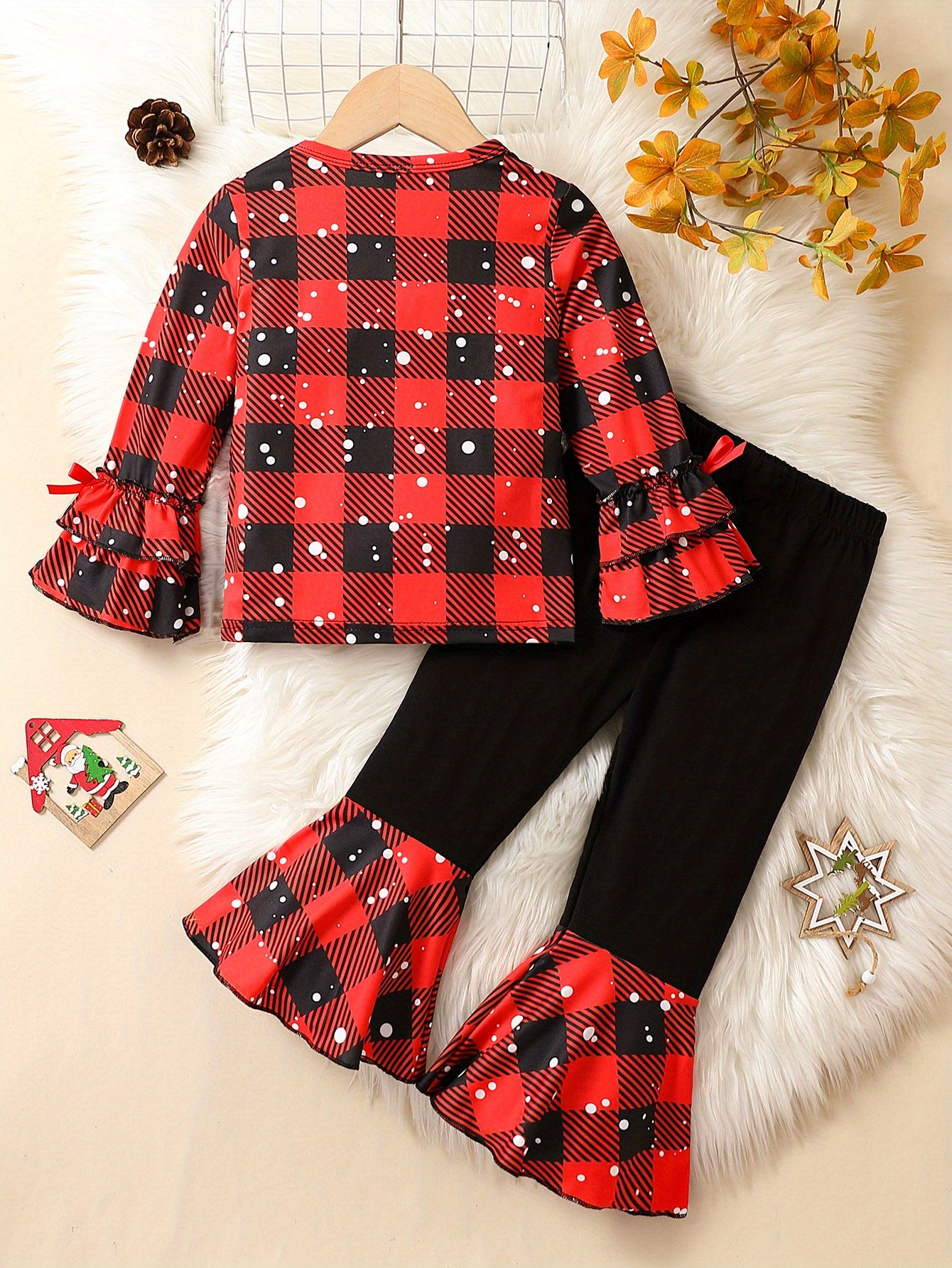 Girl's 2pcs Long Sleeve Top & Flared Pants Set, MERRY CHRISTMAS Santa Print Ruffle Decor, Plaid Pattern Trendy Casual Outfits, Kids Clothes For Spring Fall Winter, Outdoor Clothing