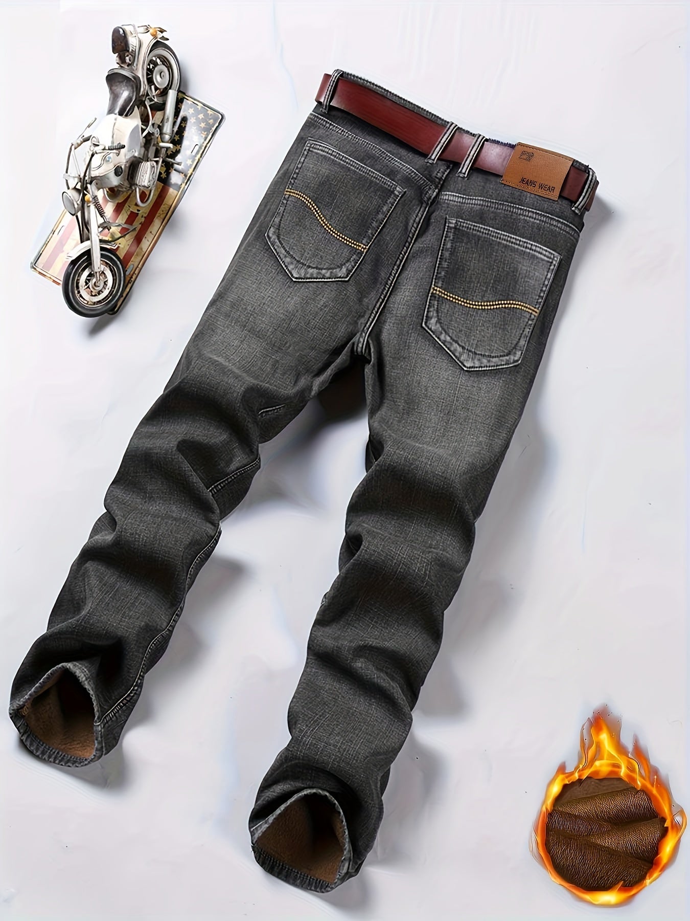 vlovelawMen's Casual Warm Fleece Jeans For Business, Classic Design Denim Pants