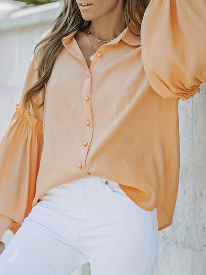 Solid Polo Collar Blouse, Casual Lantern Sleeve Blouse For Spring & Fall, Women's Clothing