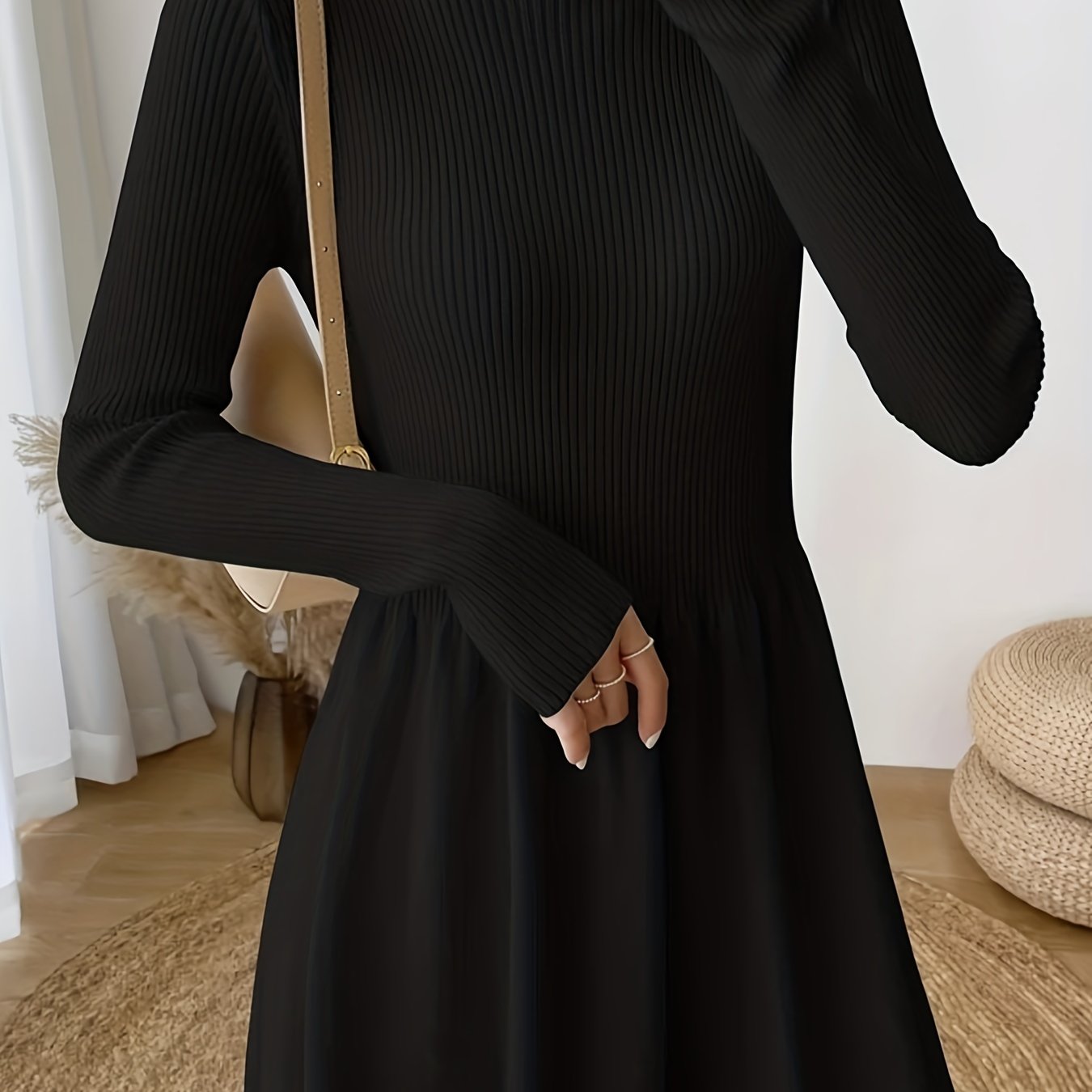 vlovelaw  Solid Mock Neck Splicing Dress, Elegant Long Sleeve Aline Dress For Spring & Fall, Women's Clothing