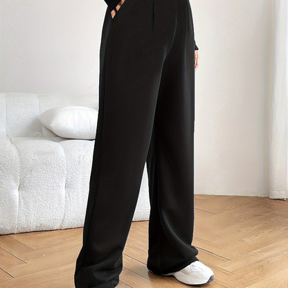 vlovelaw  Plus Size Sports Pants, Women's Plus Plain Black Double Buttons Waist Detail High Stretch Slash Pockets Pants