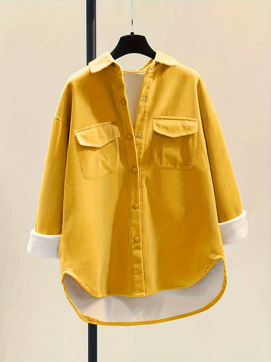 Button Front Plush Lined Solid Jacket, Casual Collared Long Sleeve Outerwear, Women's Clothing