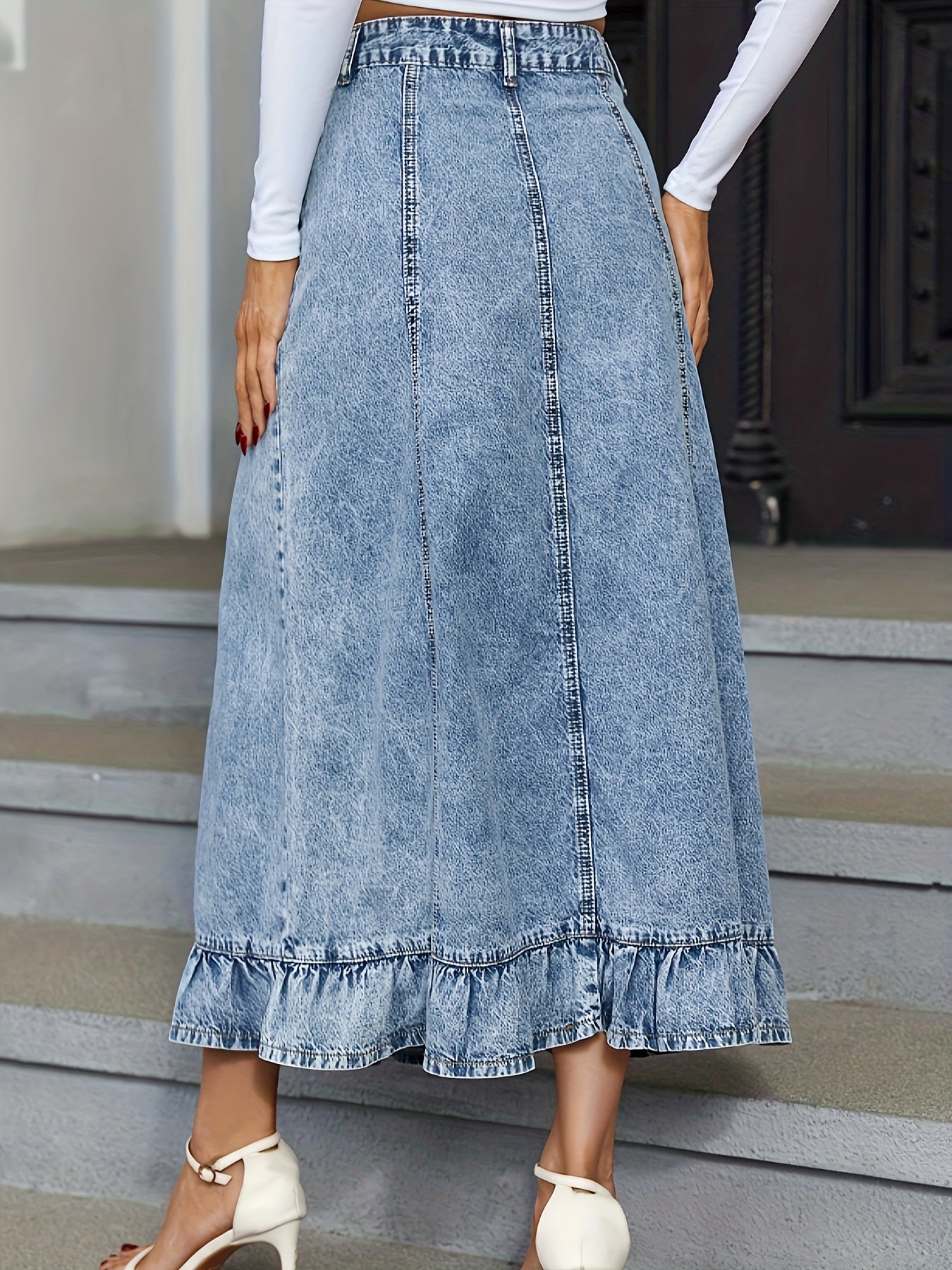 vlovelaw  Blue Ruffle Hem Denim Midi Skirt, Single Breasted Button Washed Elegant Denim Skirt, Women's Denim Clothing