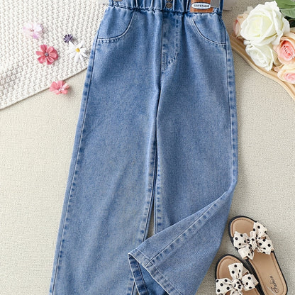 vlovelaw  Toddler Girls Button Jeans Elastic Waist Loose Wide Leg Denim Pants Kids Spring Summer Clothes