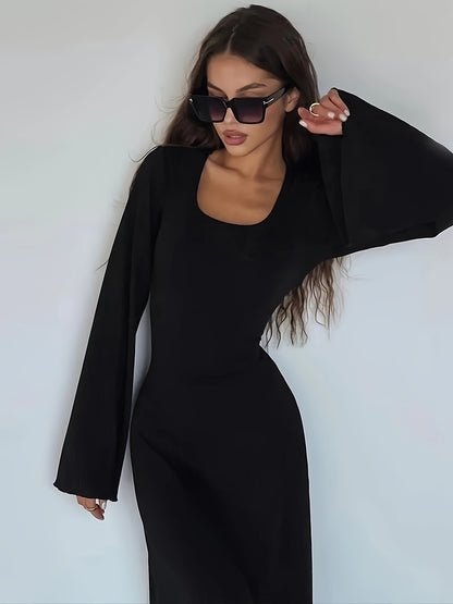 Solid Flared Long Sleeve Dress, Casual Squared Neck Maxi Dress, Women's Clothing