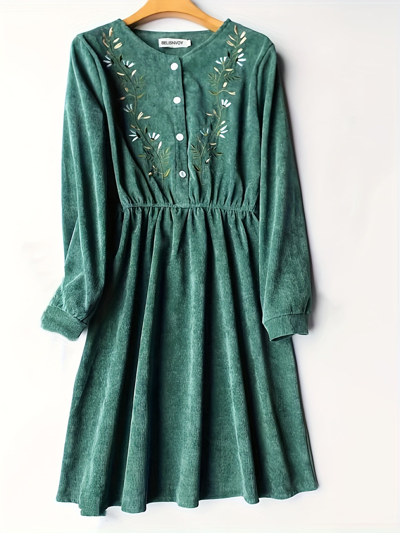 vlovelaw  Button Front Floral Embroidered Dress, Vintage Slim Waist Pleated Long Sleeve Dress, Women's Clothing