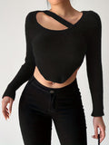 vlovelaw  Solid Asymmetrical Hem Crop Sweater, Sexy Long Sleeve Sweater For Spring & Fall, Women's Clothing