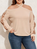 Plus Size Sexy Top, Women's Plus Solid Sequin Decor Cold Shoulder Cut Out Long Sleeve Criss Cross Halter Neck Medium Stretch Top