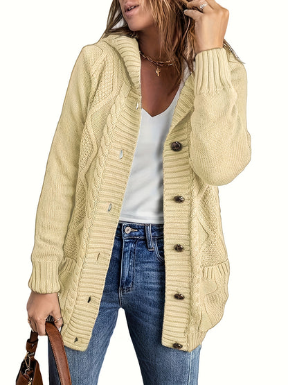 vlovelaw Plus Size Casual Sweater, Women's Plus Plain Cable Button Up Hooded Long Sleeve Jumper