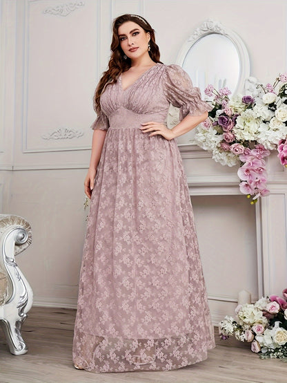 Plus Size Elegant Peplum Bridesmaid Dress - V-Neck, Ruched Lace, Slight Stretch, Floor-Length, Polyester, Hand Wash - Perfect for Wedding Party, Middle East Inspired, All-Season, Embroidered Floral Pattern