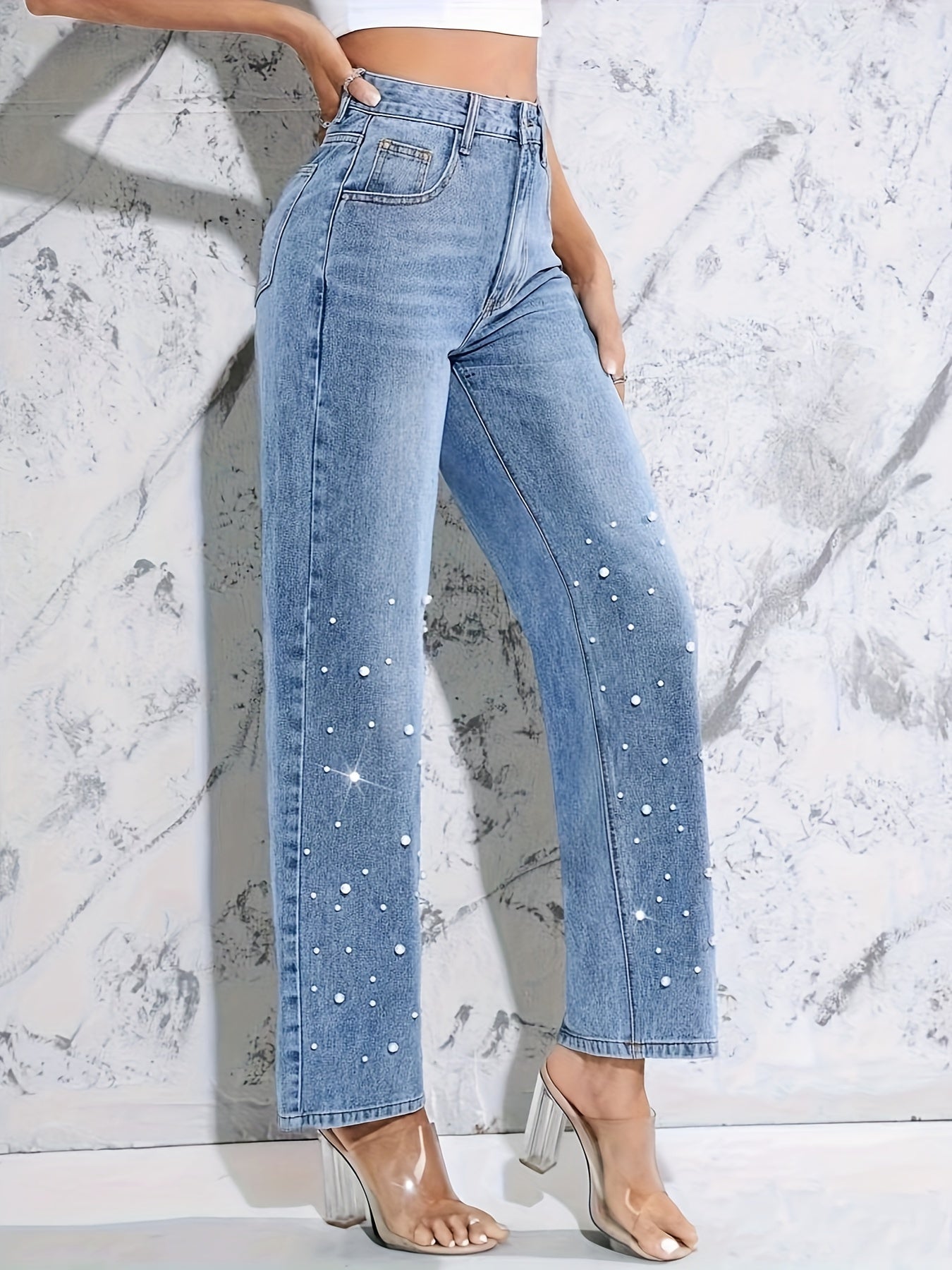 vlovelaw Faux Pearl Decor Fashion Straight Jeans, High Waist Slash Pocket Versatile Washed Denim Pants, Women's Denim Jeans & Clothing