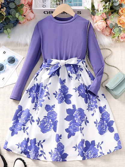 vlovelaw  Girls Long Sleeves Round Neck Flowers Splicing Belted Dress For Party Kids Spring Clothes