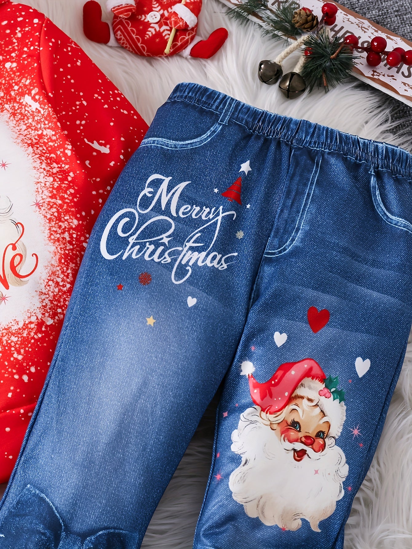 Girls' Festive Christmas 2pcs Set: Santa Print Hoodie & Stretchy Faux Denim Flare Pants - Perfect Holiday Gift, Perfect for Outdoor