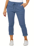 vlovelaw  Plus Size Casual Pants, Women's Plus Solid Drawstring Roll Up Hem Slight Stretch Pants