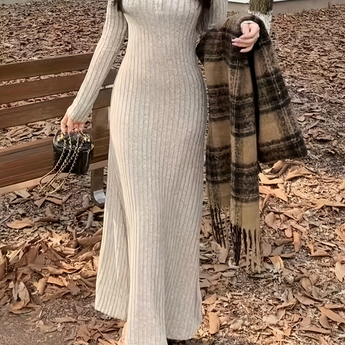 vlovelaw Ribbed V Neck Dress, Casual Long Sleeve Dress For Fall & Winter, Women's Clothing